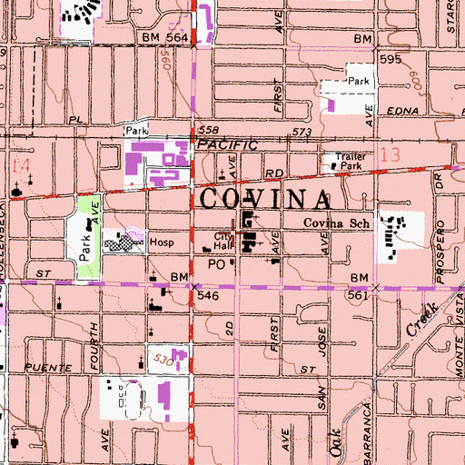 Topographic Map of Covina Public Library, CA