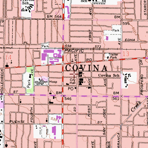 Topographic Map of First Presbyterian Church of Covina, CA