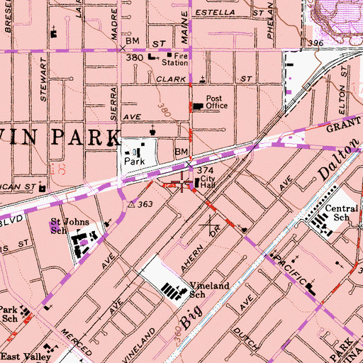 Topographic Map of Baldwin Park City Hall, CA