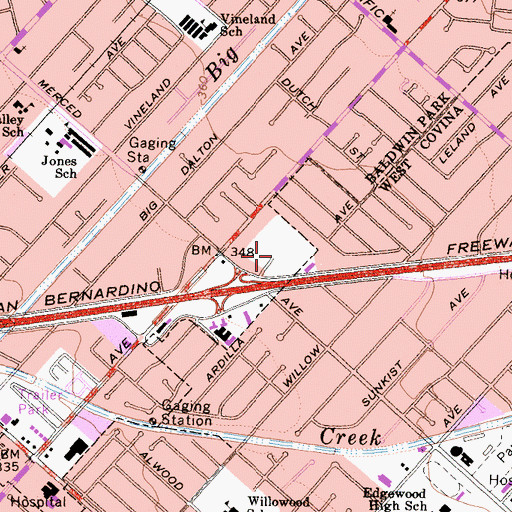 Topographic Map of Baldwin Park Towne Center Shopping Center, CA