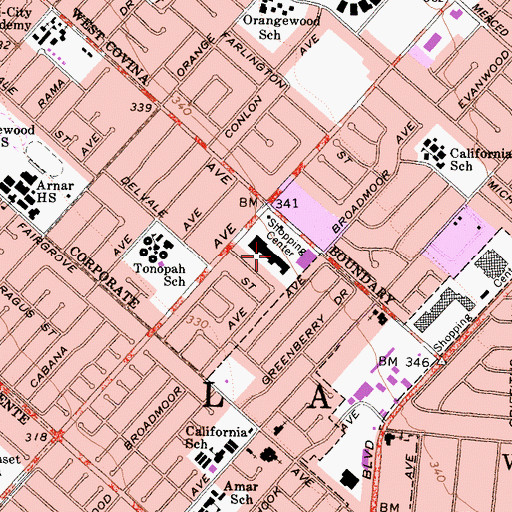 Topographic Map of Sunset Square Shopping Center, CA