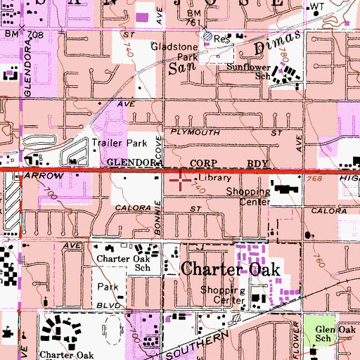 Topographic Map of Charter Oak Branch County of Los Angeles Public Library, CA