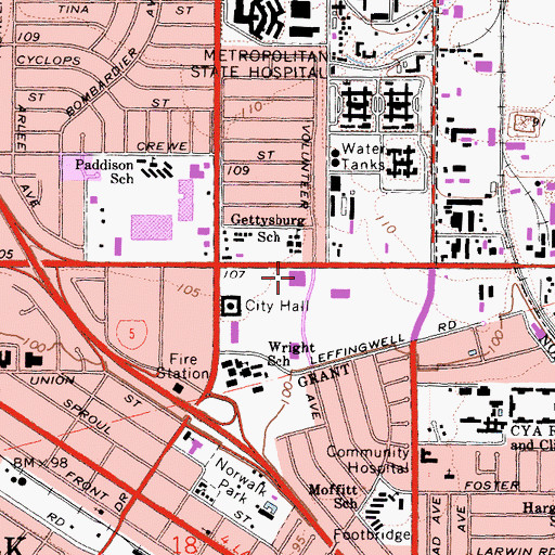 Topographic Map of Norwalk Branch County of Los Angeles Public Library, CA