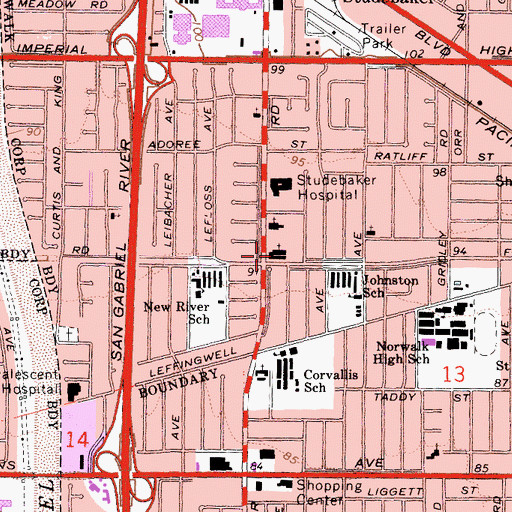 Topographic Map of Norwalk Brethren Elementary School, CA