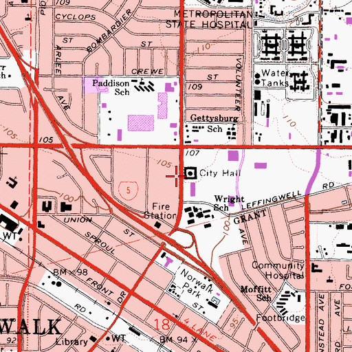 Topographic Map of Norwalk City Hall, CA