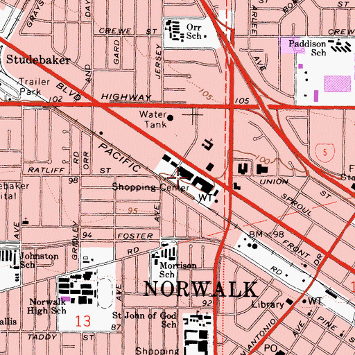 Topographic Map of Norwalk Shopping Center, CA