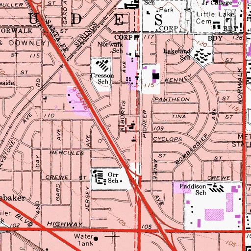 Topographic Map of Pioneer Baptist School, CA