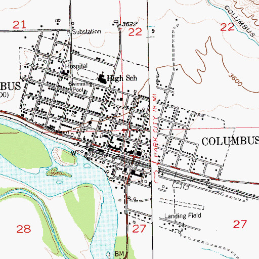 Topographic Map of Columbus Post Office, MT