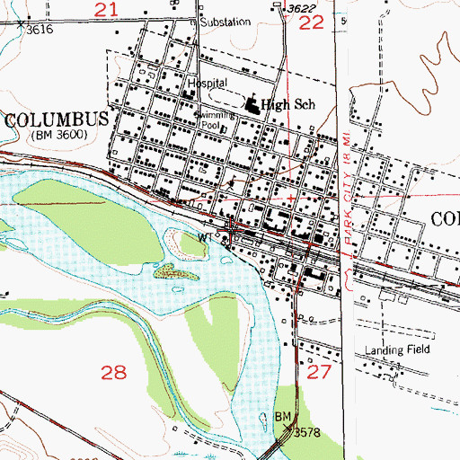 Topographic Map of Columbus, MT