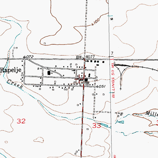 Topographic Map of Rapelje Grain Company Elevator, MT