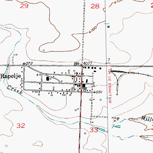 Topographic Map of Rapelje Post Office, MT