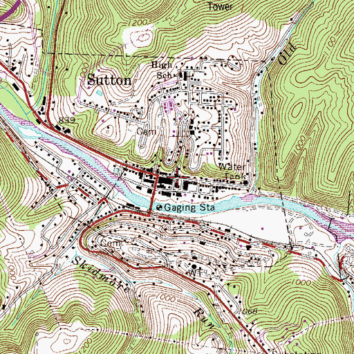 Topographic Map of Sutton Downtown Historic District, WV