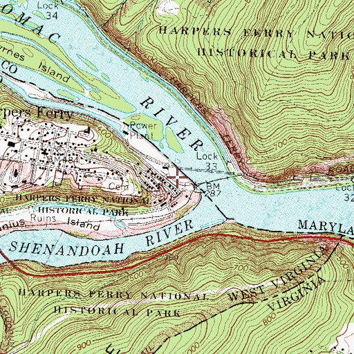 Topographic Map of United States Armory and Arsenal at Harpers Ferry (historical), WV