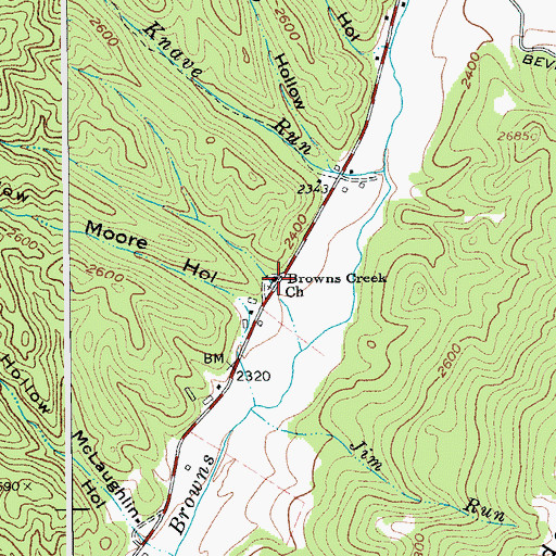 Topographic Map of Browns Creek School (historical), WV