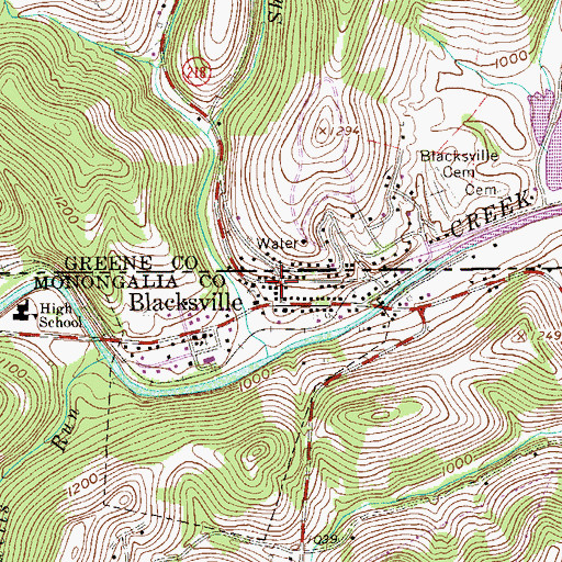 Topographic Map of Blacksville Post Office, WV