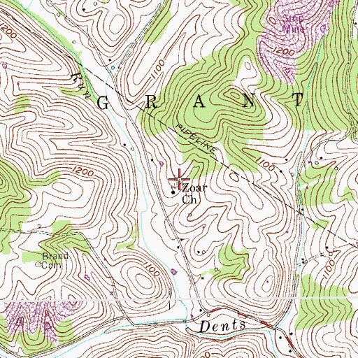 Topographic Map of Dents Run Cemetery, WV