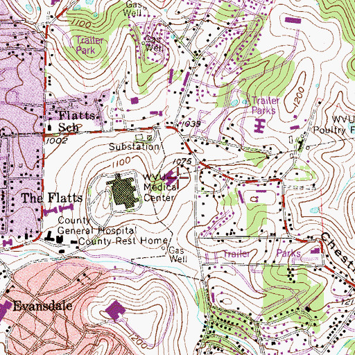 Topographic Map of Chestnut Ridge Hospital, WV
