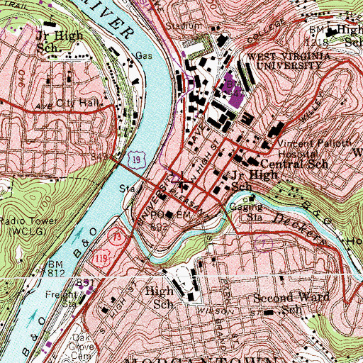 Topographic Map of Monongalia County Jail, WV