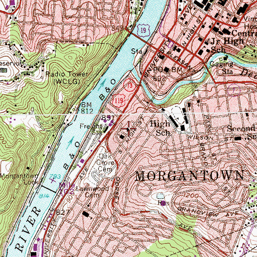 Topographic Map of Morgantown Fire Department Station 1 Southside, WV