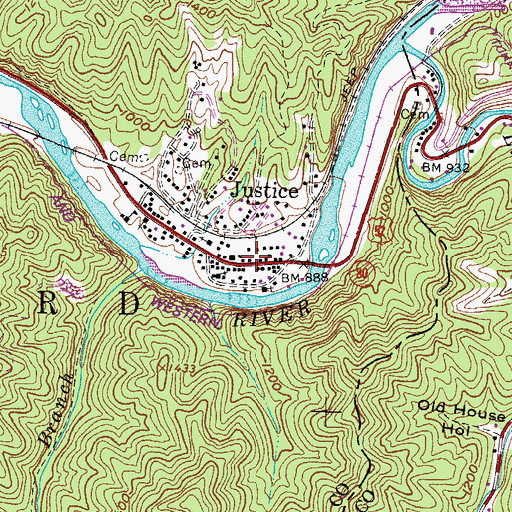 Topographic Map of Justice Post Office, WV