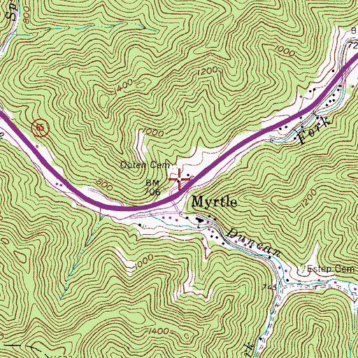 Topographic Map of Myrtle Post Office, WV