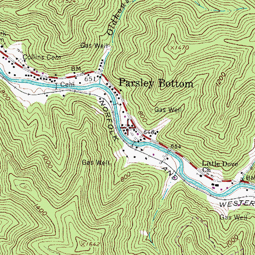 Topographic Map of Parsley Bottom Freewill Baptist Church, WV