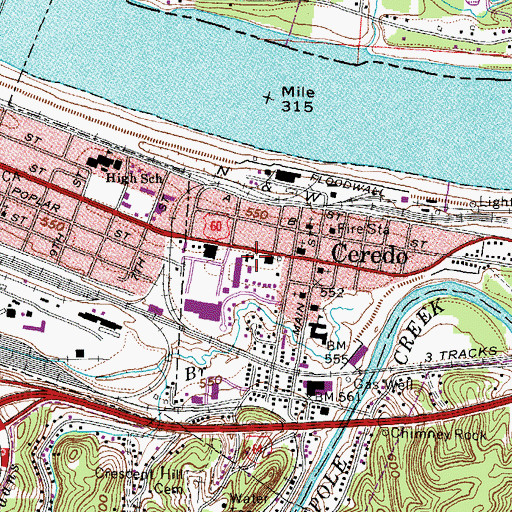Topographic Map of Ceredo Post Office, WV