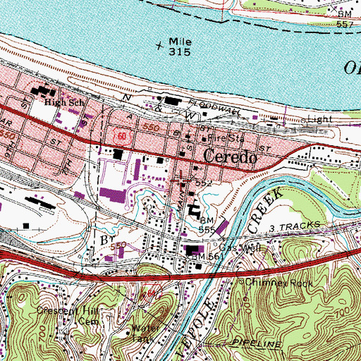 Topographic Map of First Baptist Church of Ceredo, WV