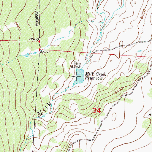 Topographic Map of Milk Creek Reservoir, CO