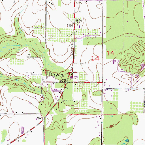 Topographic Map of First Baptist Church of Dawes, AL