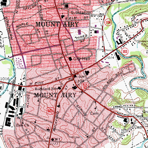 Topographic Map of Mount Airy Historic District, NC