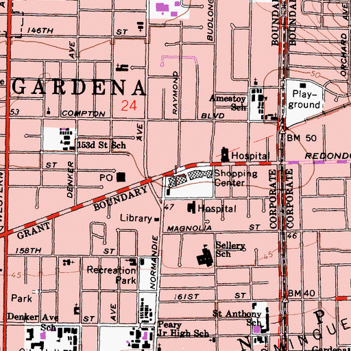 Topographic Map of Gardena Valley Shopping Center, CA