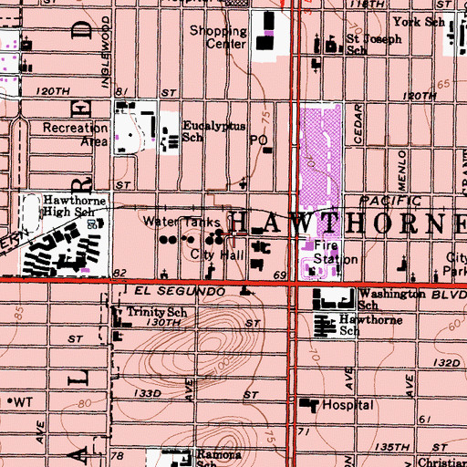 Topographic Map of Hawthorne City Hall, CA