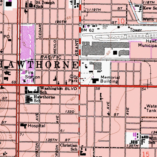 Topographic Map of Hawthorne Memorial Park, CA