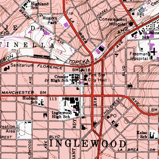 Topographic Map of Inglewood City Hall, CA