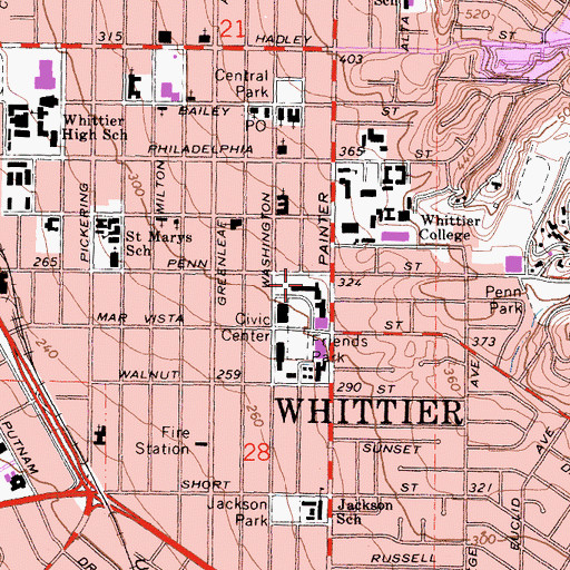 Topographic Map of Whittier City Hall, CA