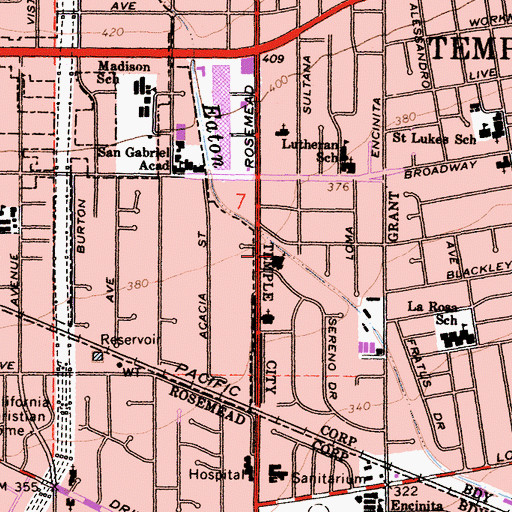 Topographic Map of Temple City Church of Christ, CA