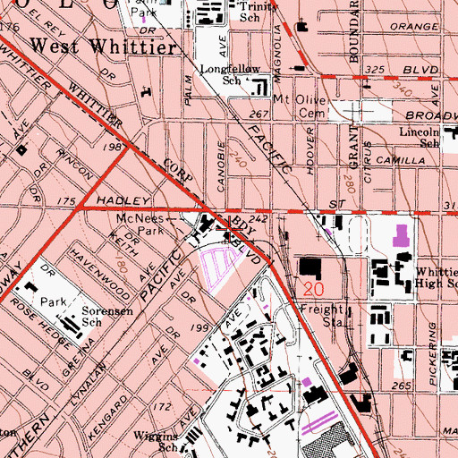 Topographic Map of Whittier Station Shopping Center, CA