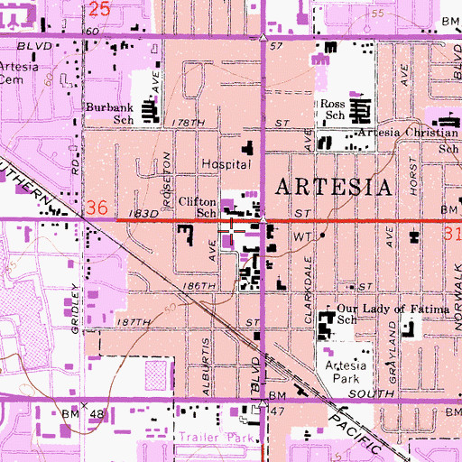 Topographic Map of Artesia Town Center Shopping Center, CA
