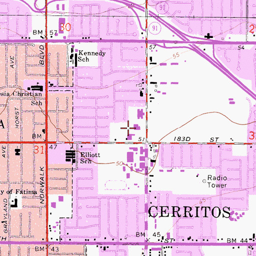 Topographic Map of Cerritos Public Library, CA