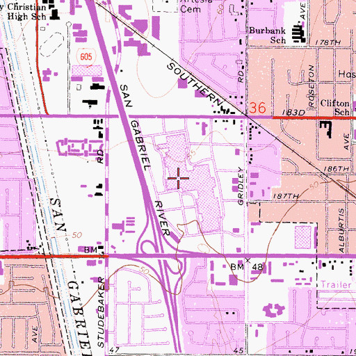 Topographic Map of Los Cerritos Shopping Center, CA