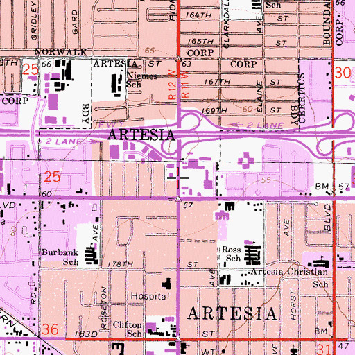 Topographic Map of Pioneer Artesia Shopping Center, CA