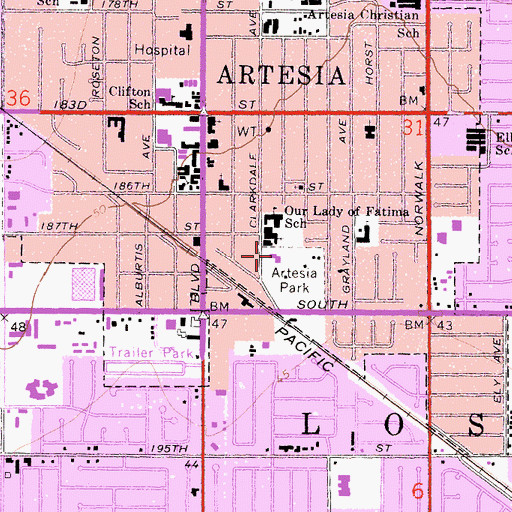 Topographic Map of Artesia Branch County of Los Angeles Public Library, CA