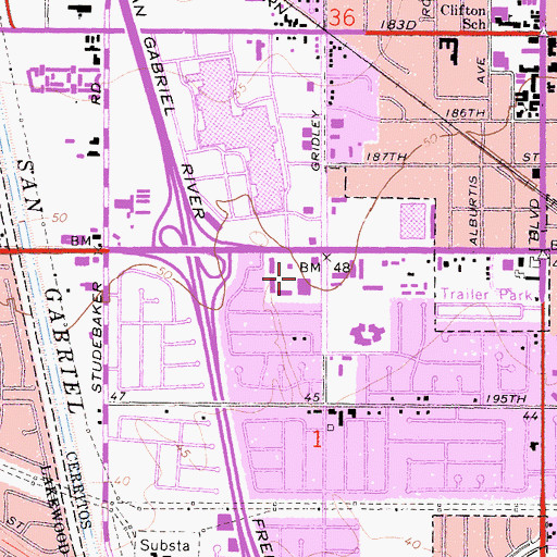 Topographic Map of Cerritos South Town and Country Shopping Center, CA