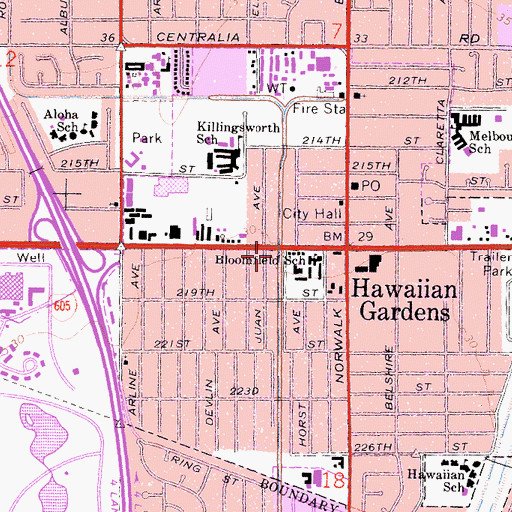 Topographic Map of Hawaiian Gardens Branch County of Los Angeles Public Library, CA