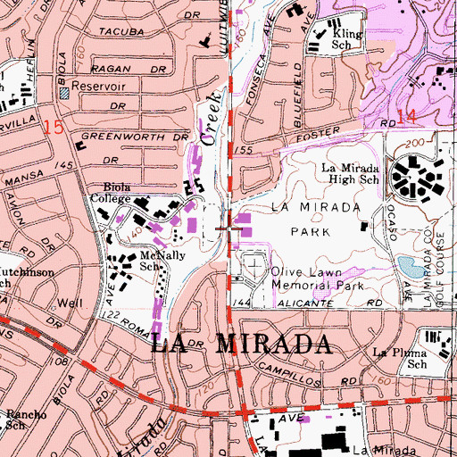 Topographic Map of La Mirada Branch County of Los Angeles Public Library, CA