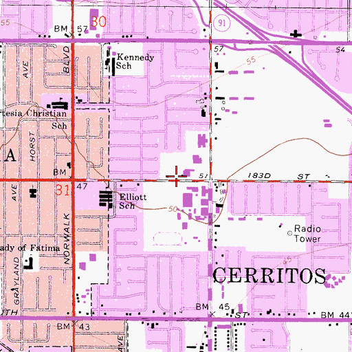 Topographic Map of Cerritos City Hall, CA