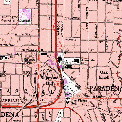 Topographic Map of Allendale Branch Pasadena Public Library, CA