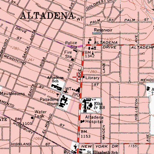 Topographic Map of Altadena Public Library, CA