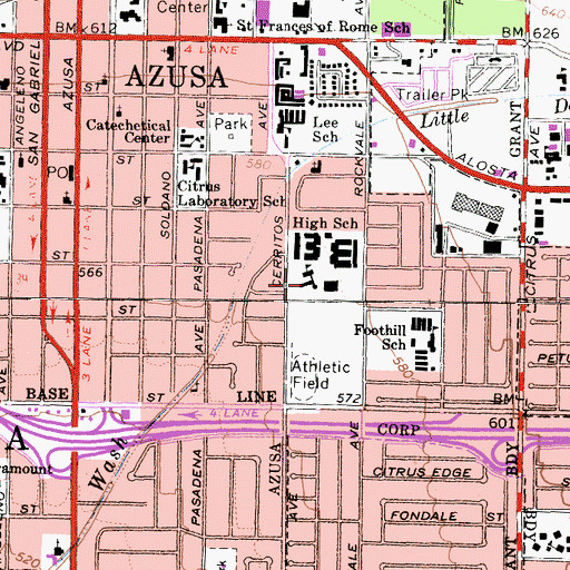 Topographic Map of Azusa High School, CA